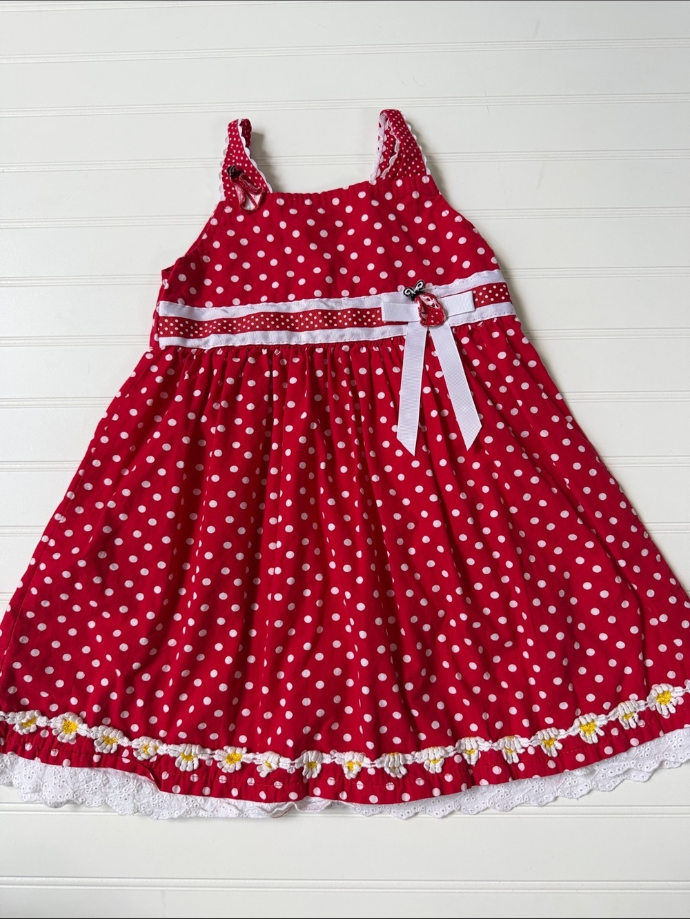 (362)Blueberi Boulevard Girls Size 5 Red White Polka Dot Daisy Trim Sundress
